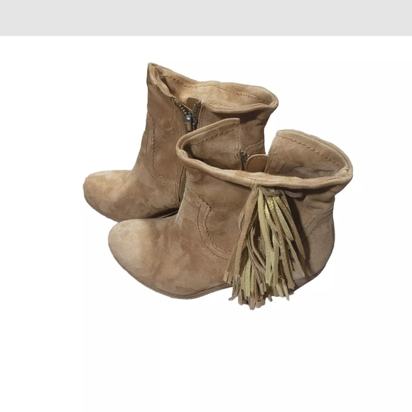 Sam Edelman Louie Western Boot Caramel Brown Suede Fringe US Size 9 Block Heel - Picture 2 of 12